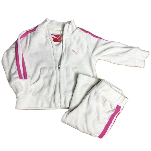 Puma Toddler Velvet Track Sweat Suit White Pink Velour Two Piece Size 12M - Picture 1 of 12